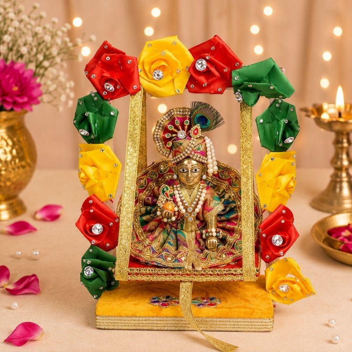 Royal Wooden Velvet Jhula β Floral Gota Swing for Laddu Gopal