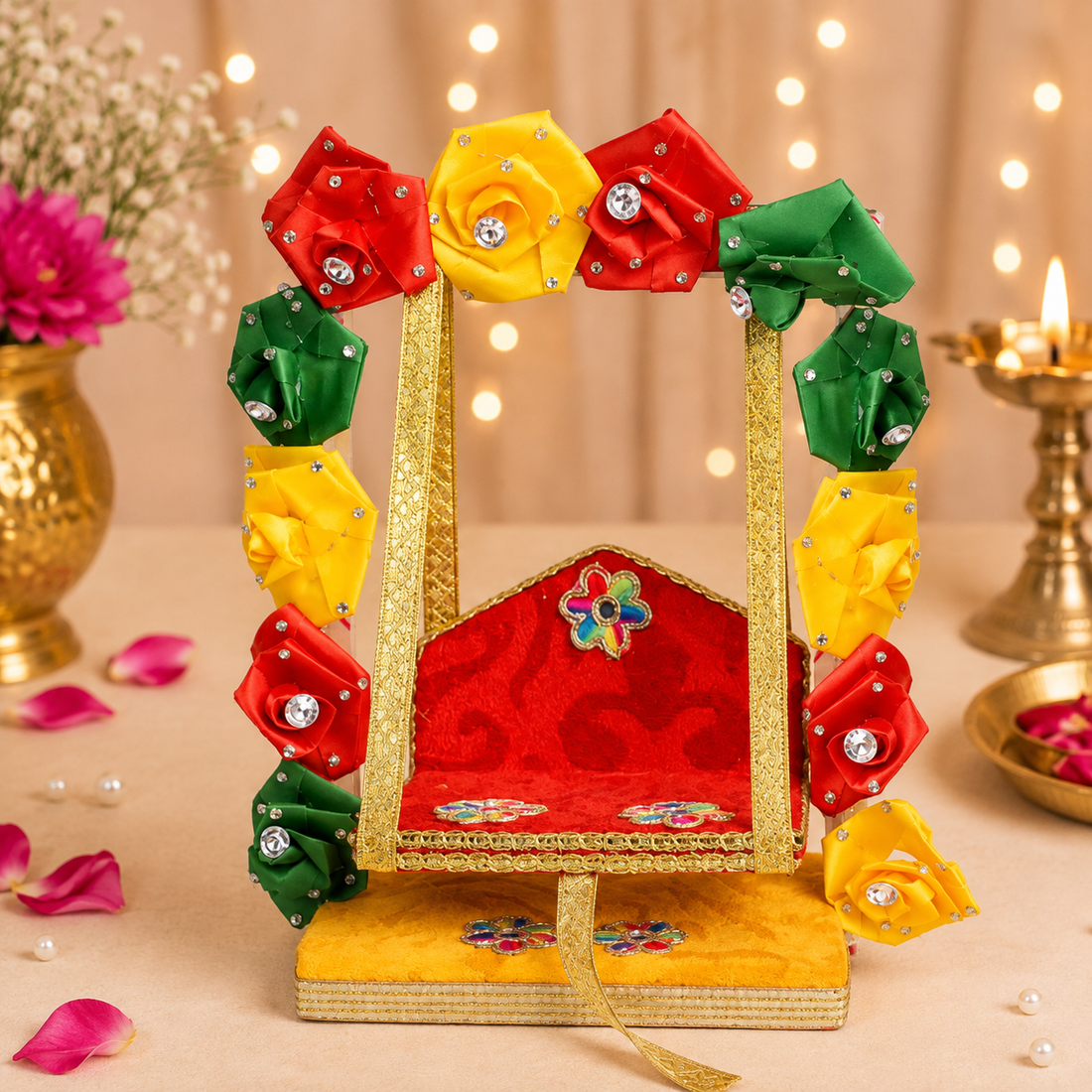 Royal Wooden Velvet Jhula β Floral Gota Swing for Laddu Gopal