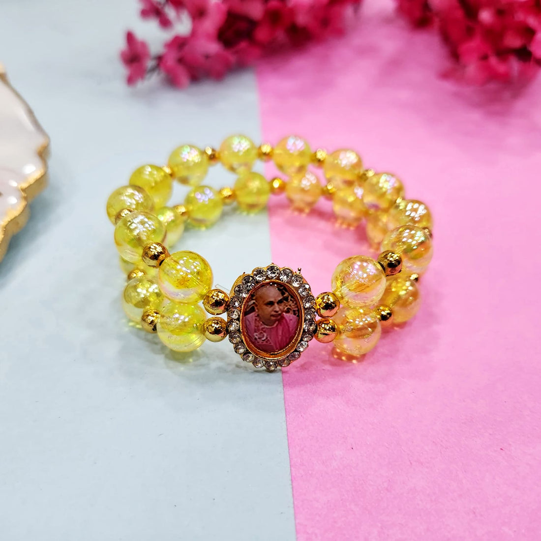 Light Yellow Beaded Guru Ji Maharaj Handmade Bracelets for Men and Women