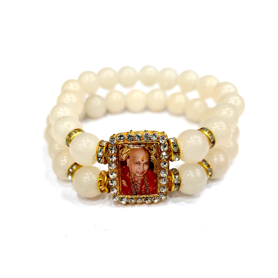Off White Round Pearl Bracelet with Jai Guruji Swaroop