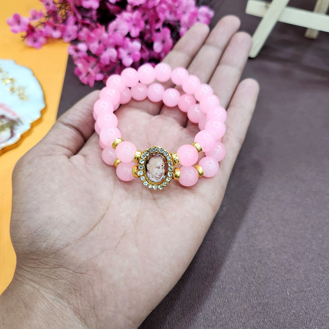Light Pink Round Pearl Bracelet with Jai Guruji Swaroop