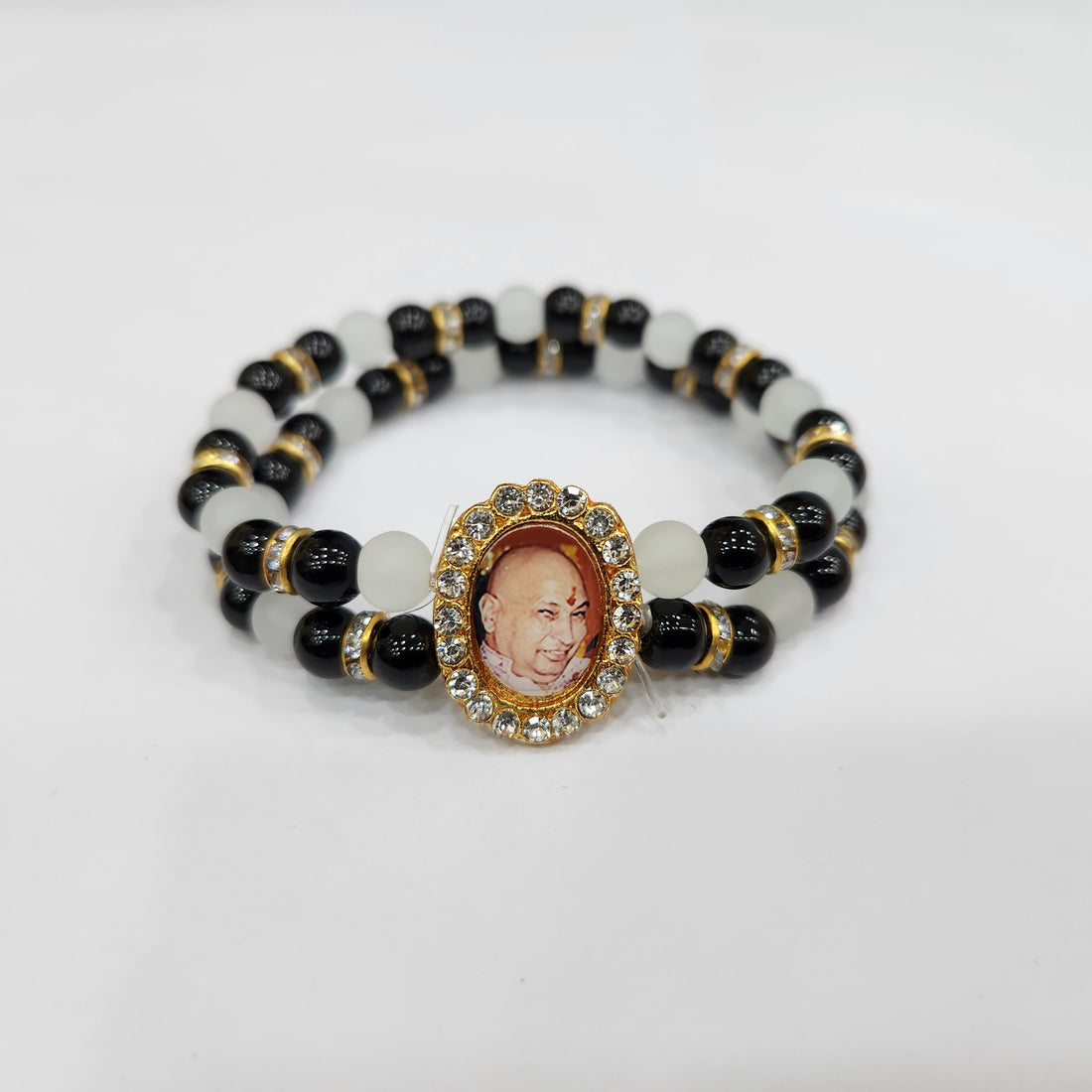 Black And Light Grey Double Band Round Pearl Bracelet with Jai Guruji Swaroop Handmade Bracelets for Men and Women