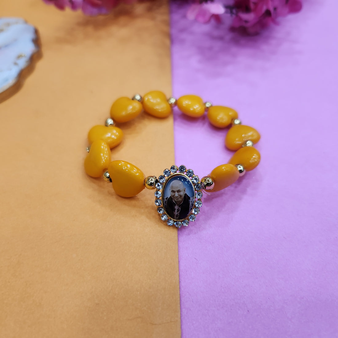 Dark Yellow Heart Shape Bracelet with Jai Guruji Swaroop Handmade Bracelets for Men and Women