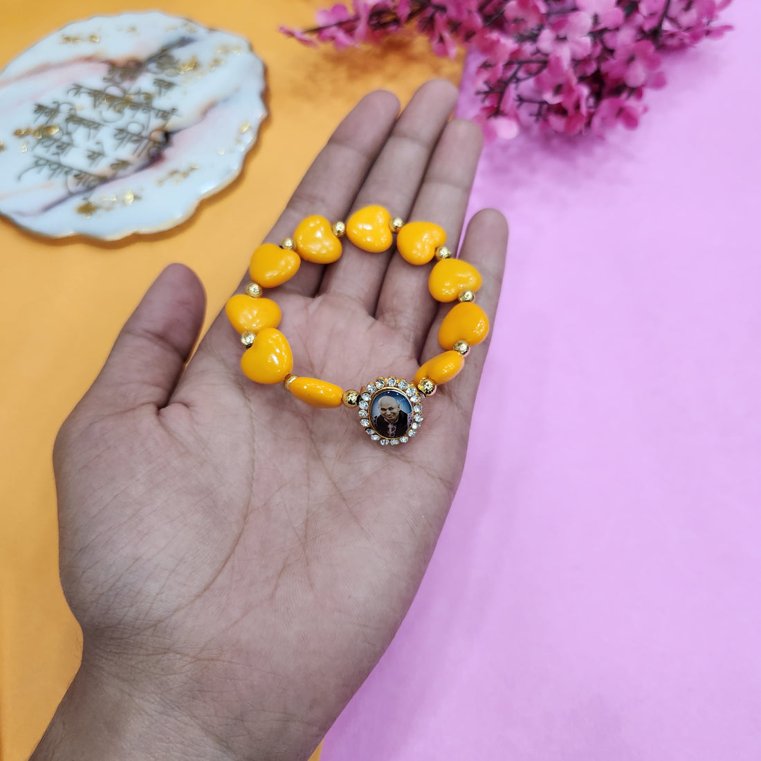 Dark Yellow Heart Shape Bracelet with Jai Guruji Swaroop Handmade Bracelets for Men and Women