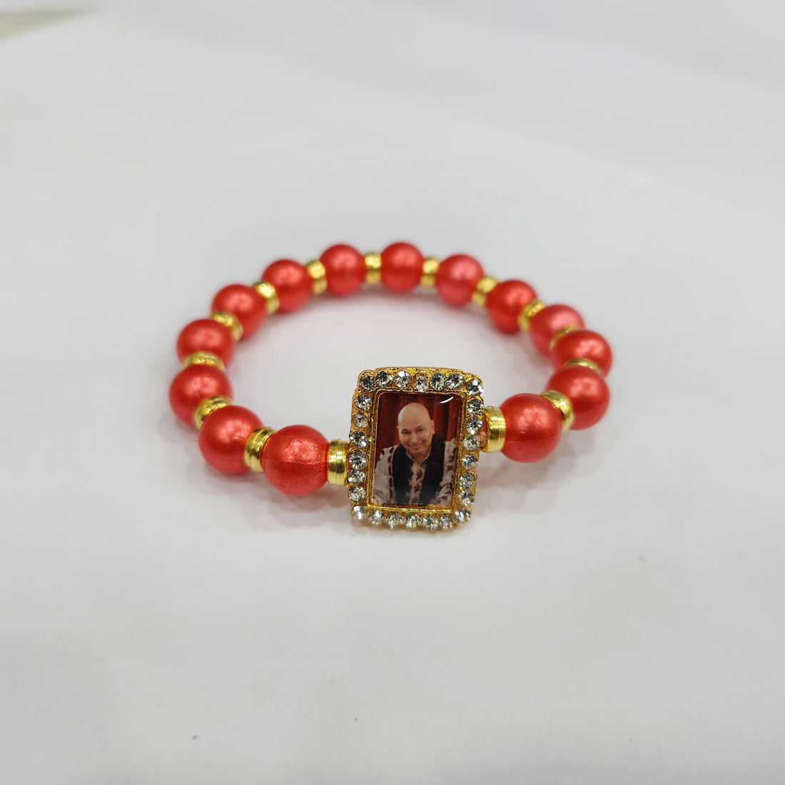 Red Round Pearl Bracelet with Jai Guruji Swaroop Handmade Bracelets for Men and Women.