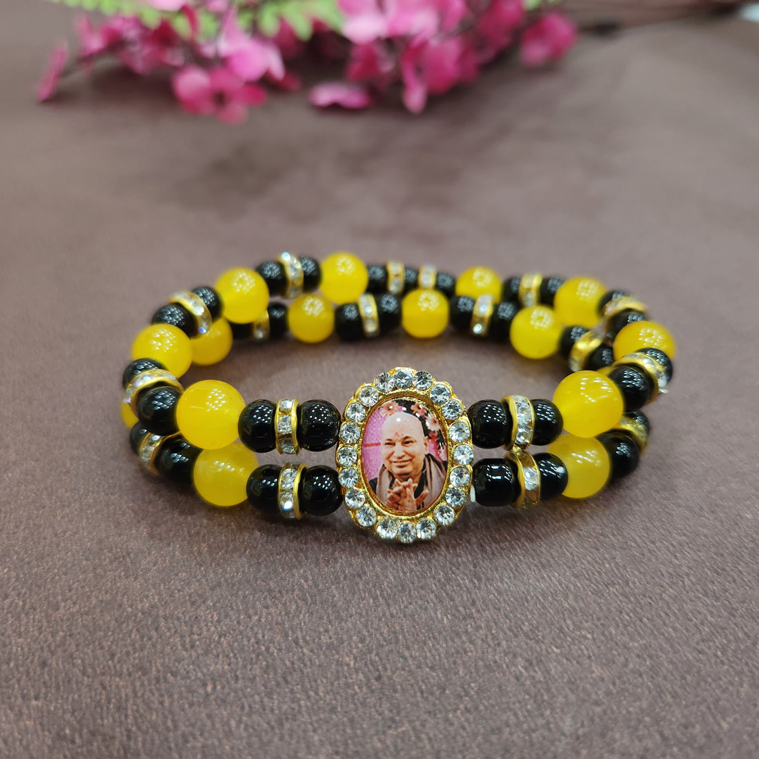 Black And Yellow Round Pearl Bracelet with Jai Guruji Swaroop Handmade Bracelets for Men and Women