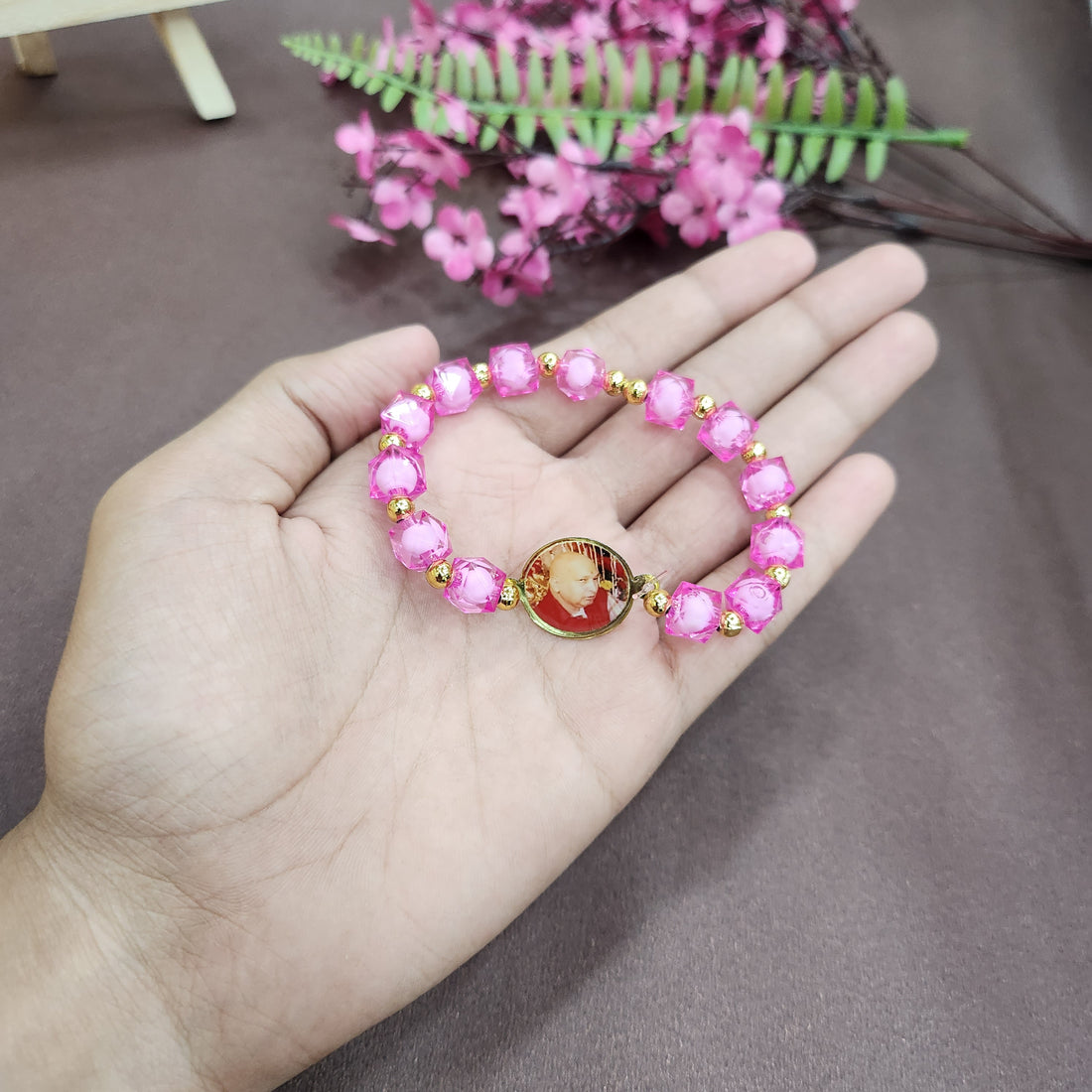 Pink Pearl Bracelet with Jai Guruji Swaroop Handmade Bracelets for Men and Women