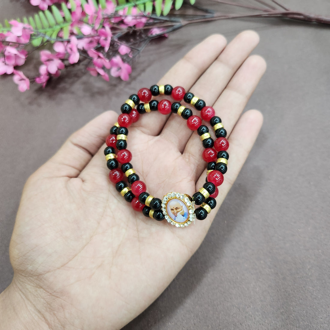 Blood Red And Black Double Band Round Pearl Bracelet with Jai Guruji Swaroop Handmade Bracelets for Men and Women