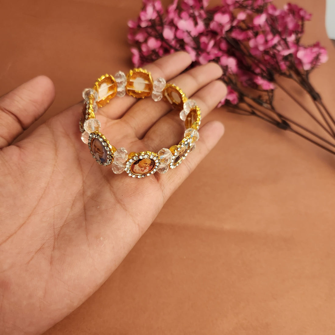 Crystal Round Pearl Bracelet with Jai Guruji Swaroop & Handmade Bracelets for Men and Women