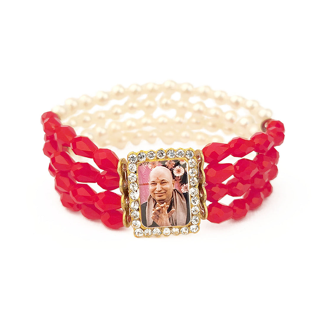 Crystal Red Beads & Pearl Bracelet with Jai Guruji Swaroop