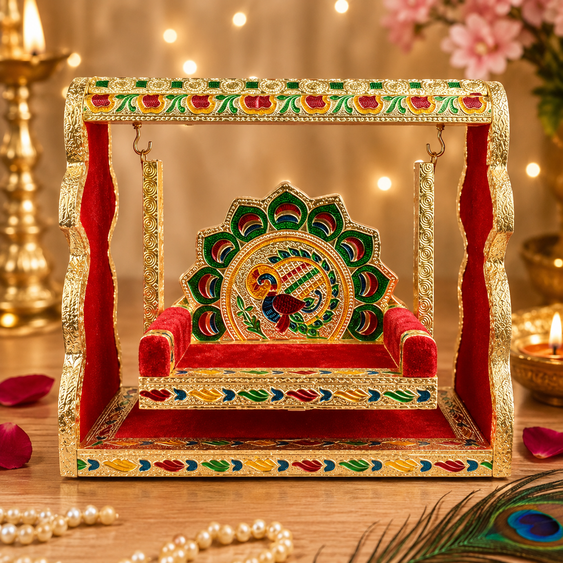 Meenakari Jhula β Singhasan Style Velvet Cradle for Laddu Gopal