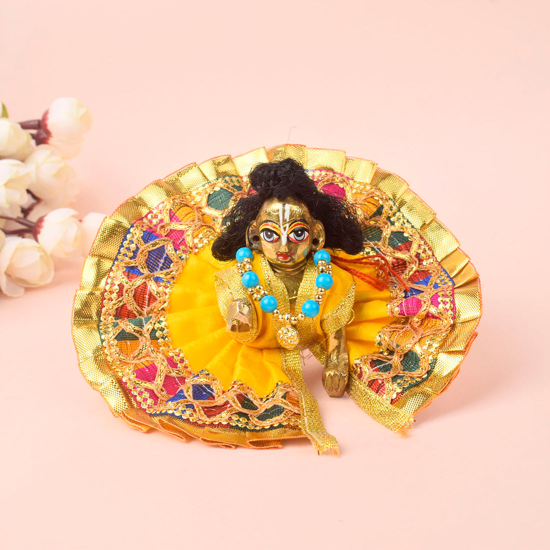 Size - 1 Laddu Gopal Yellow Dress with Golden Pleated Border