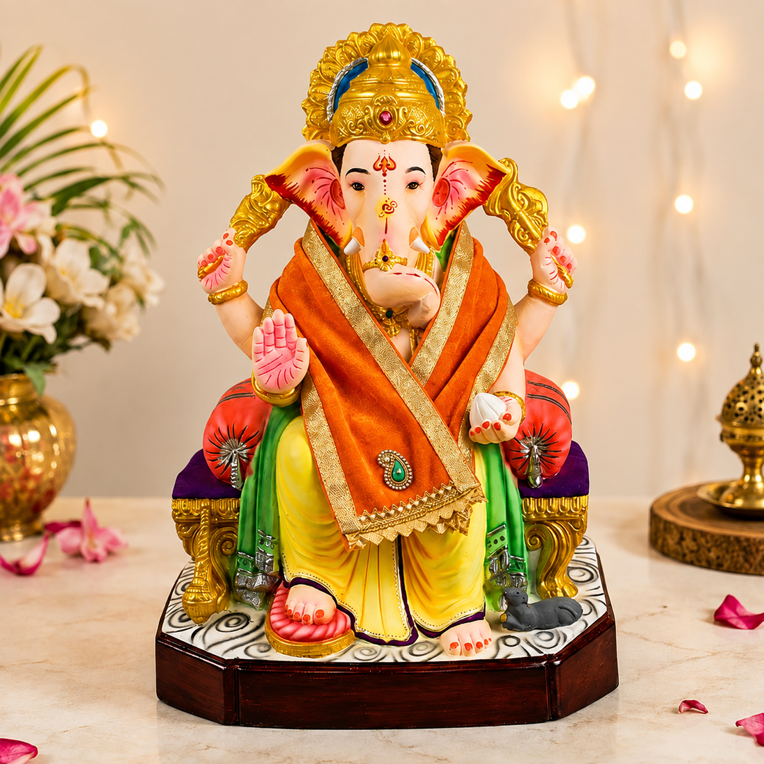 Royal Orange Velvet Ganesha Idol Patka - 31 Inch