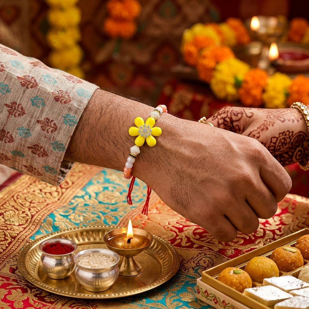 Vibrant Yellow Flower Medallion Peach Coral Bead Rakhi