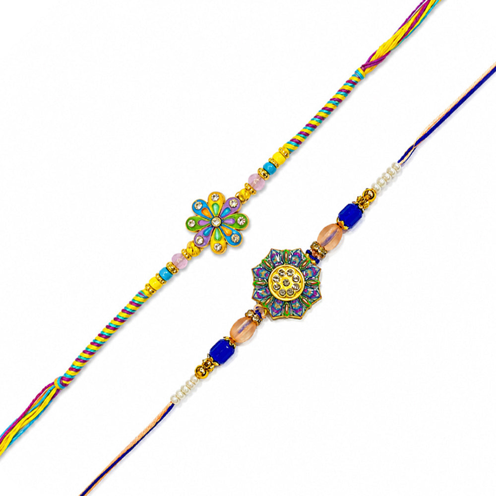 Multicolor Enamel Daisy Starburst Floral Designer Rakhi (Set of 2)