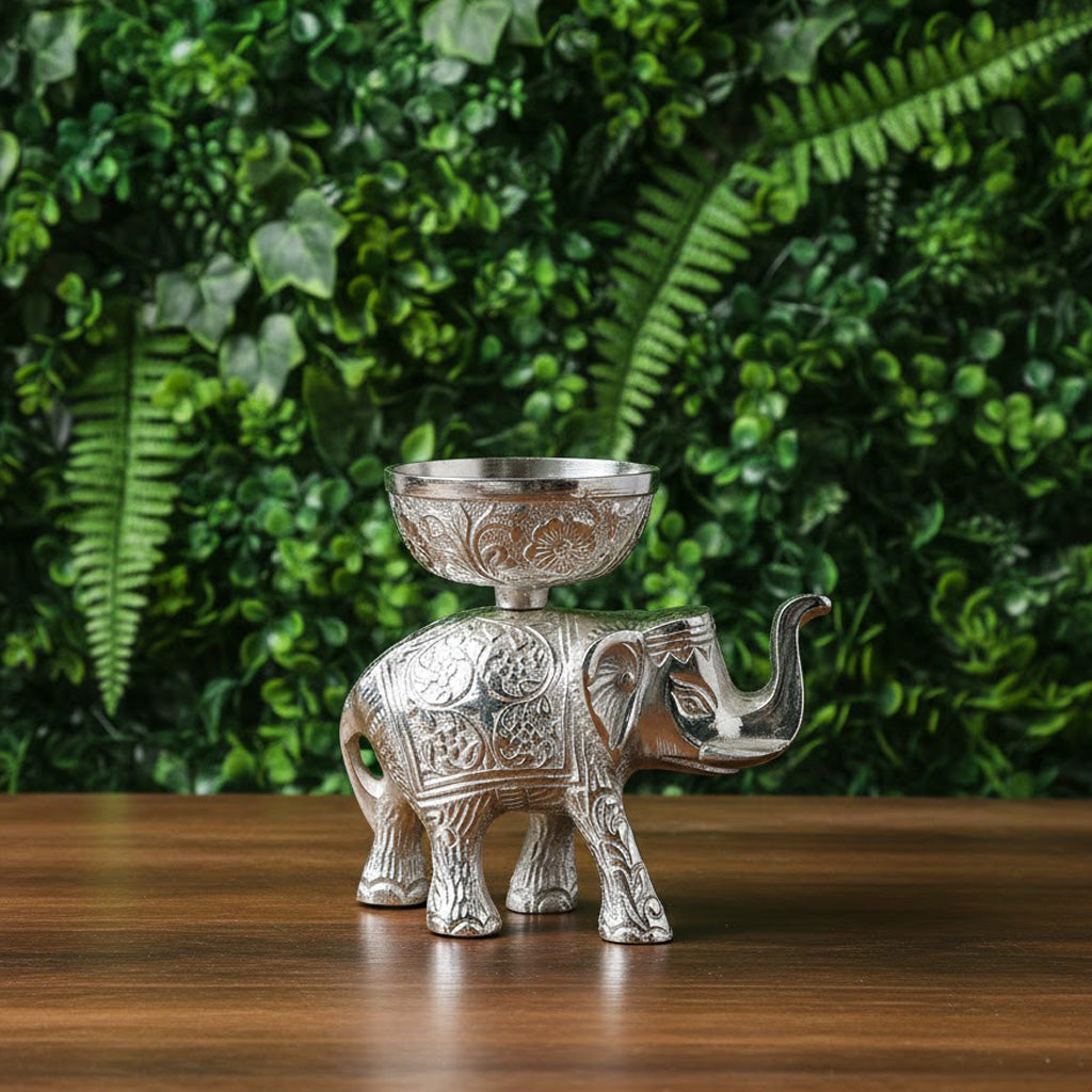 Elephant Oil Lamp Diya – Silver Plated Pooja Lamp Spiritual Use
