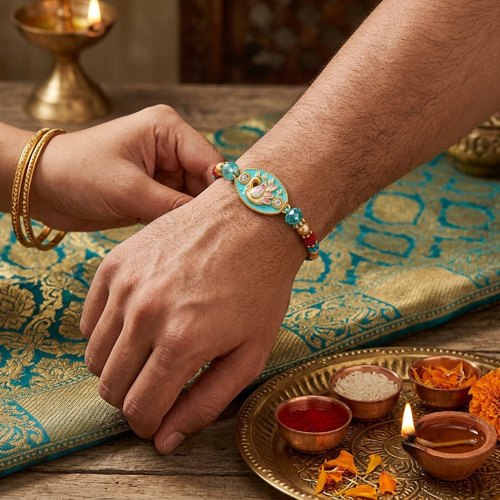 Traditional Turquoise Oval Swan Charm Stone Designer Rakhi