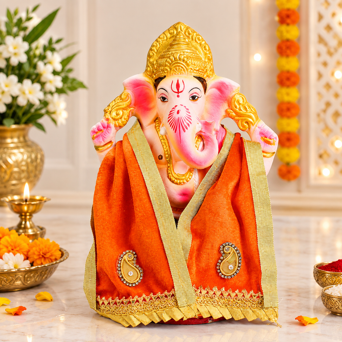 Orange Velvet Ganpati Idol Patka with Gold Border - 22 Inch