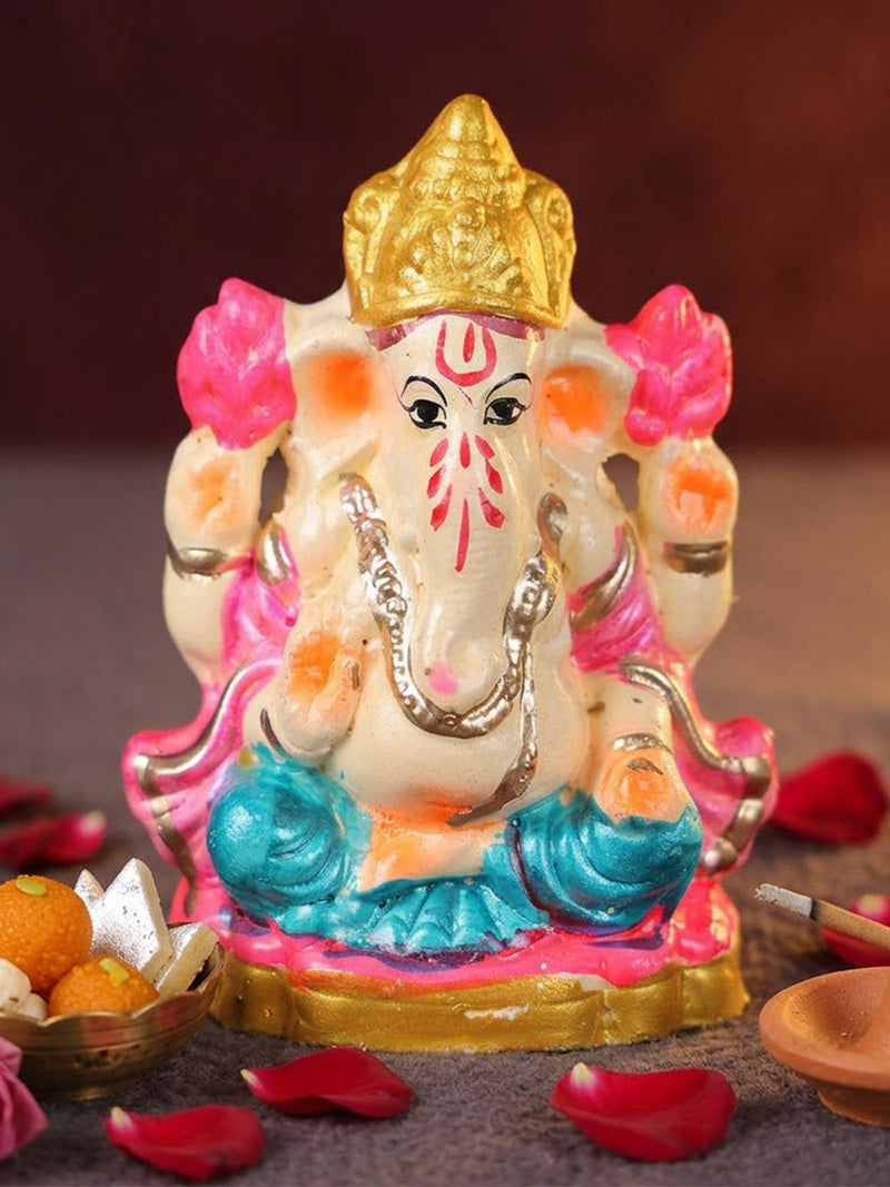 4 Inch Eco Friendly Ganesha Idol with Pink Lotuses & Golden Mukut