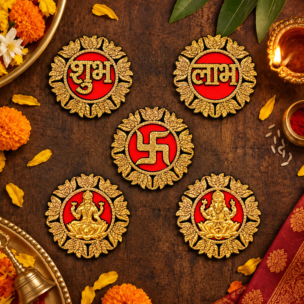 Ornate Round Gold Finished Shubh Labh and Deity Stickers Set of 5