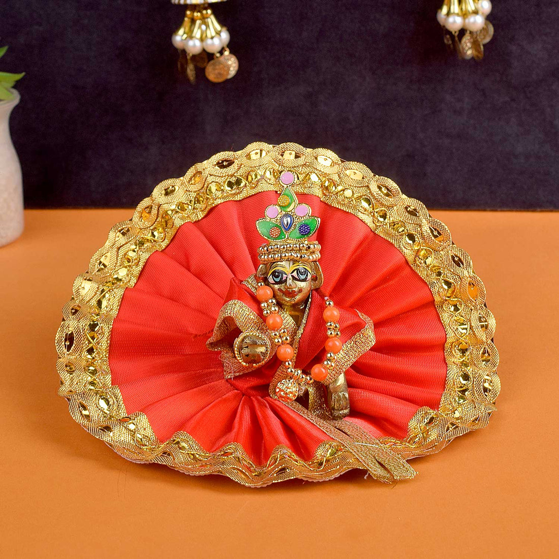 Radiant Laddu Gopal Red Dress with Golden Sequined Border