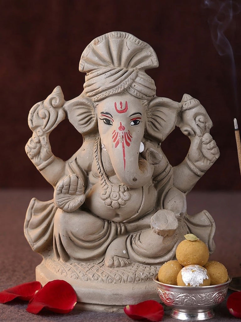 6 Inch Traditional Eco-Friendly Natural Clay Ganesha Idol with Pagdi