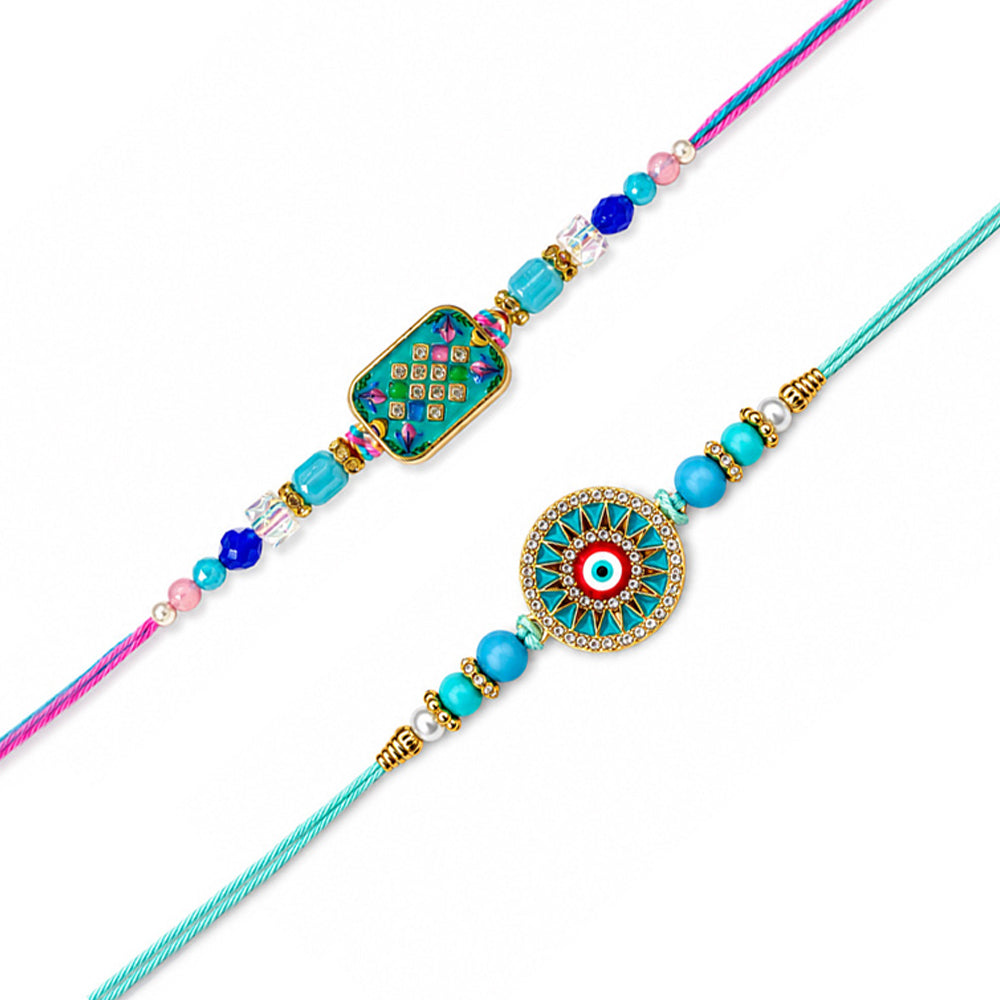 Turquoise Evil Eye and Meenakari Designer Rakhi (Set of 2)