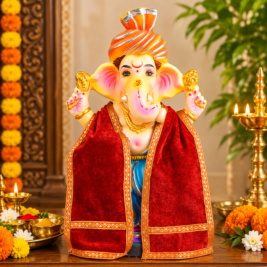 Red Velvet Ganpati Idol Patka with Zig-Zag Gold Border - 32 Inch