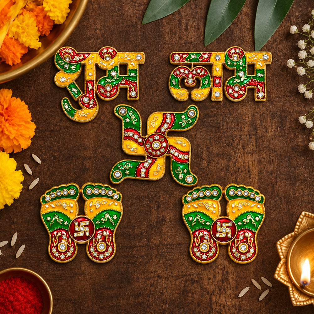Enamel Work Shubh Labh and Charan Paduka Door Stickers