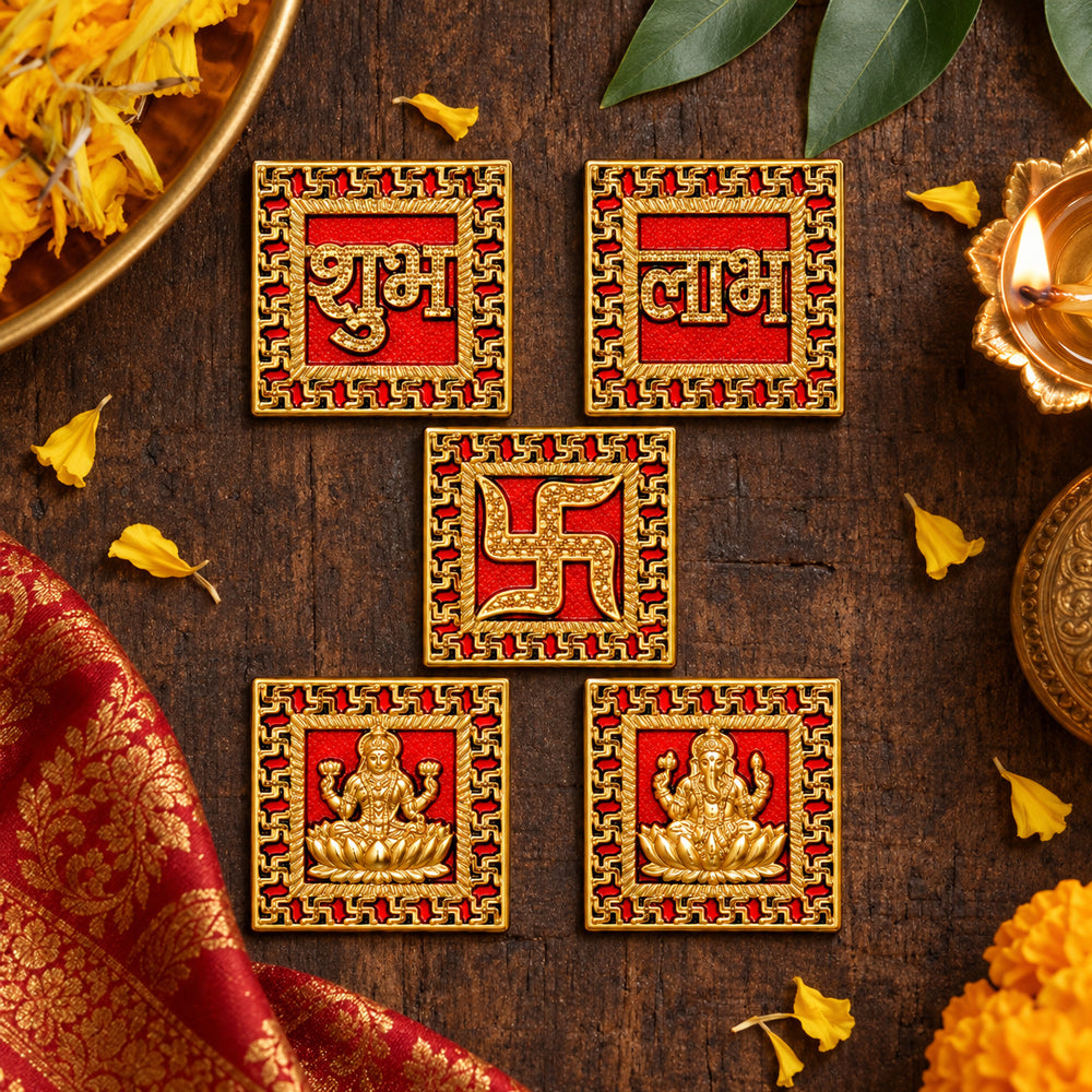 Ornate Square Gold Finished Shubh Labh and Deity Stickers Set of 5