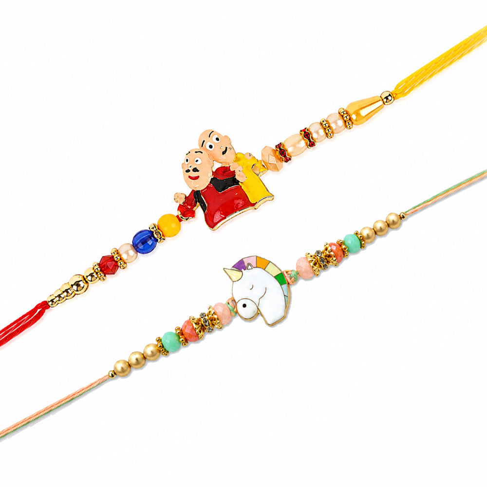 Cute Motu Patlu Pastel Rainbow Unicorn Kids Rakhi (Set of 2)