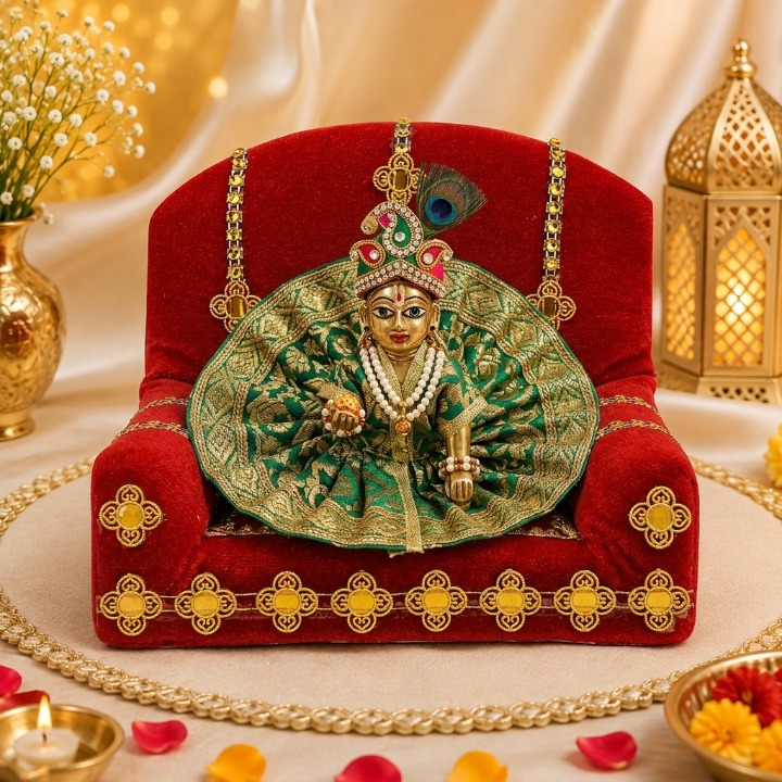Elegant Handmade Red Velvet Laddu Gopal Singhasan - Small