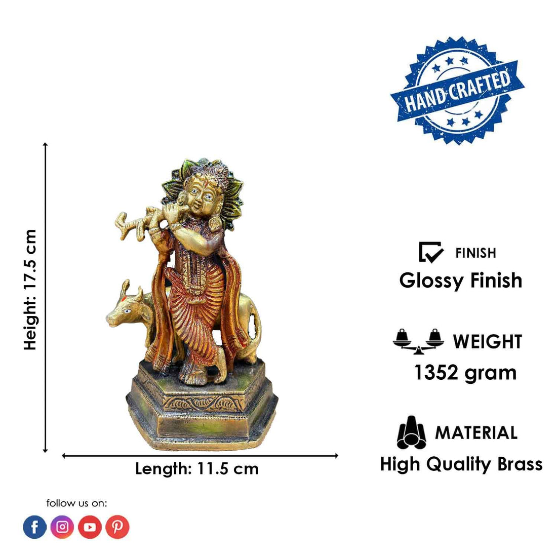 6.9 Inch Lovely Krishna with Cow Brass Idol
