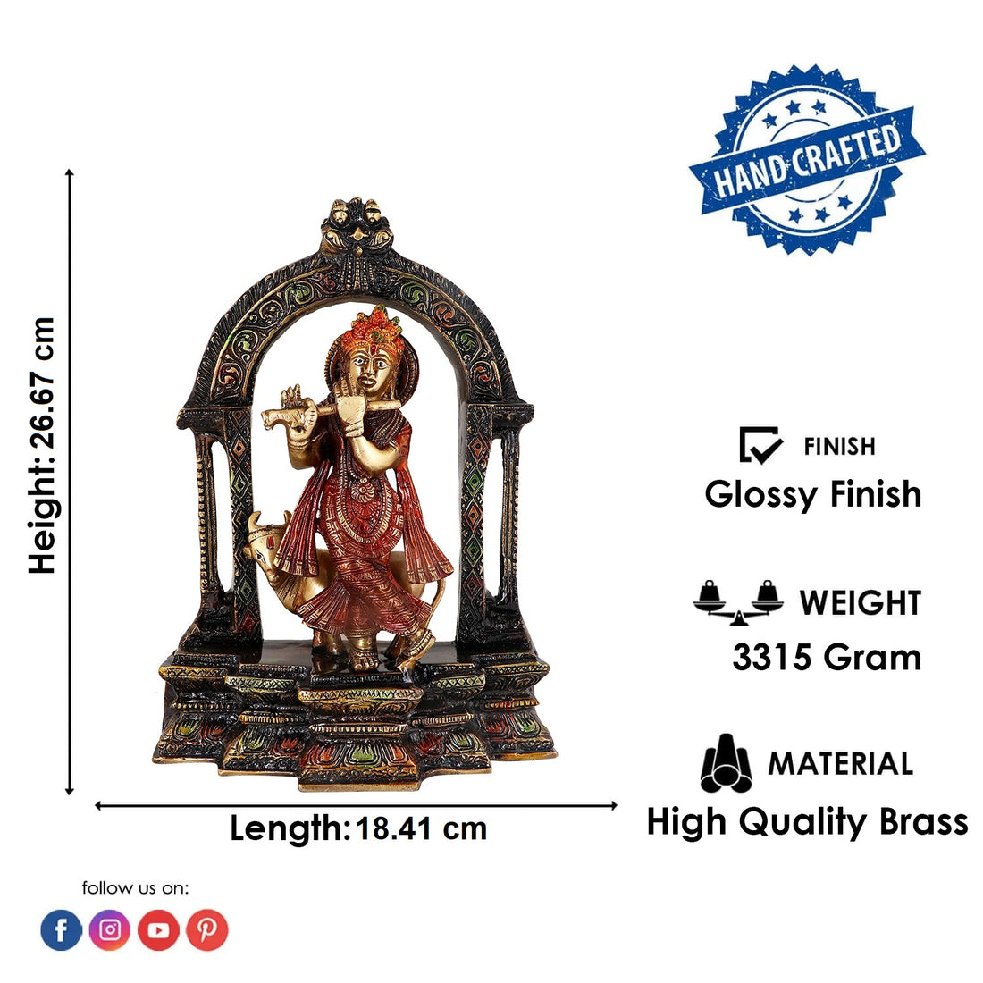 10.5 Inch Brass Krishna With Cow And Flute Idol