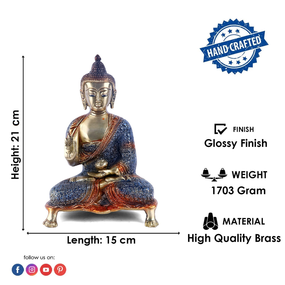 8.3 Inch Contemplative Brass Colorful Buddha Idol Blue