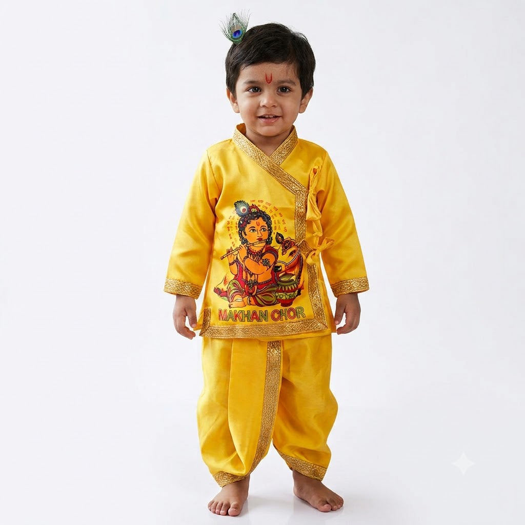 Size 2 Makhan Chor Yellow Krishna Dress with Golden Border