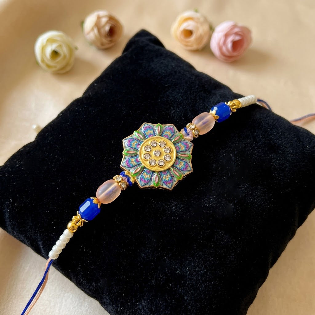 Mandala Floral Medallion Peach Oval Gem Rakhi