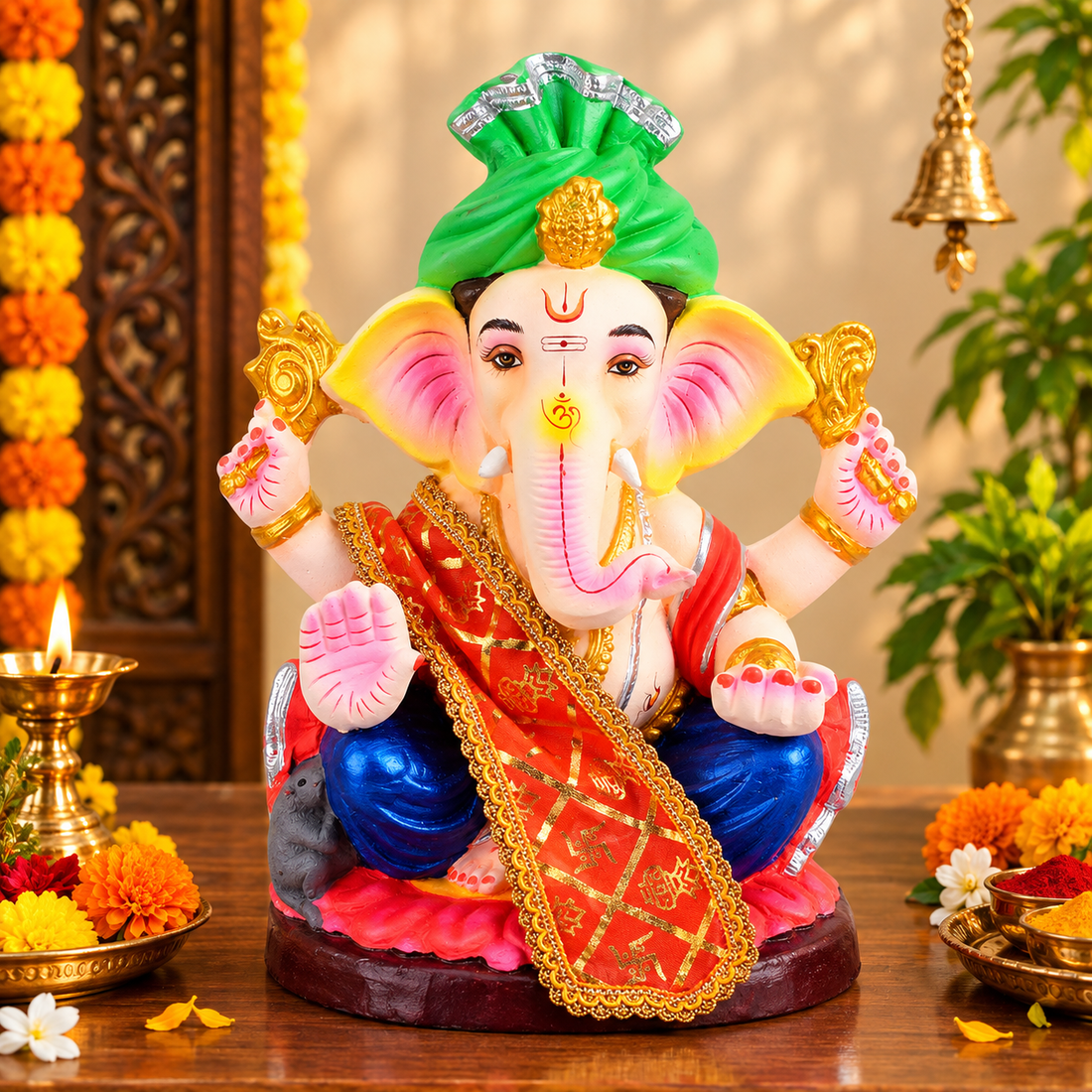 Orange Swastik Print Ganpati Idol Patka with Gold Border