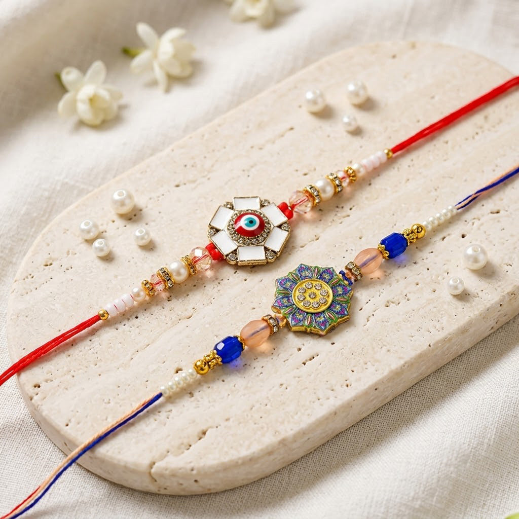 Enamel Evil Eye and Floral Meenakari Designer Rakhi (Set of 2)
