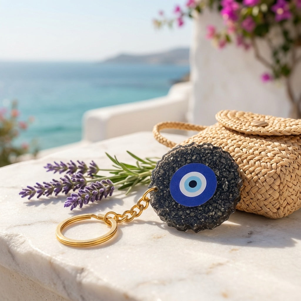 Pyrite Evil Eye Keyring Spiritual Protection & Positive Energy