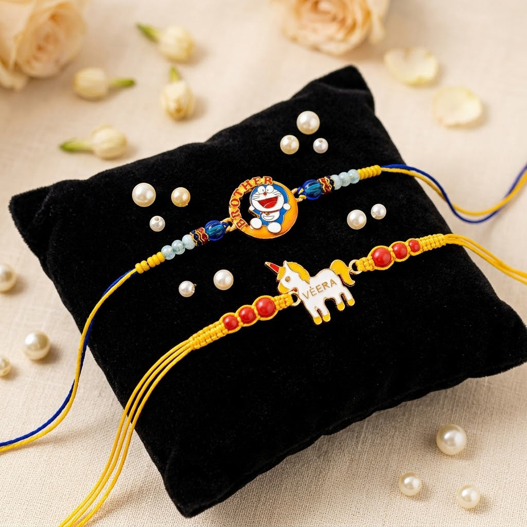 Handcrafted Unicorn Veera and Doraemon Kids Rakhi (Set of 2)