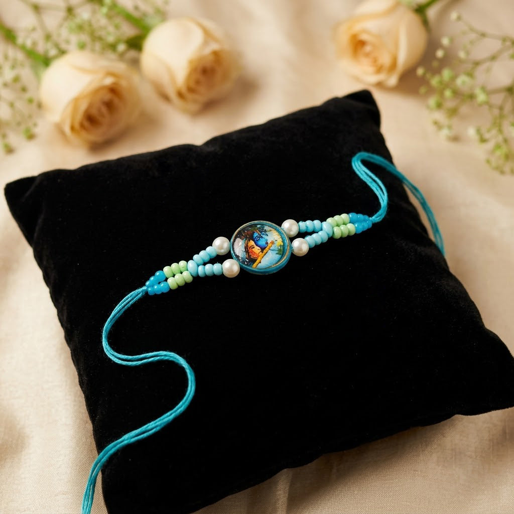 Divine Radha Krishna Emblem Pearl Accent Sky Blue Rakhi