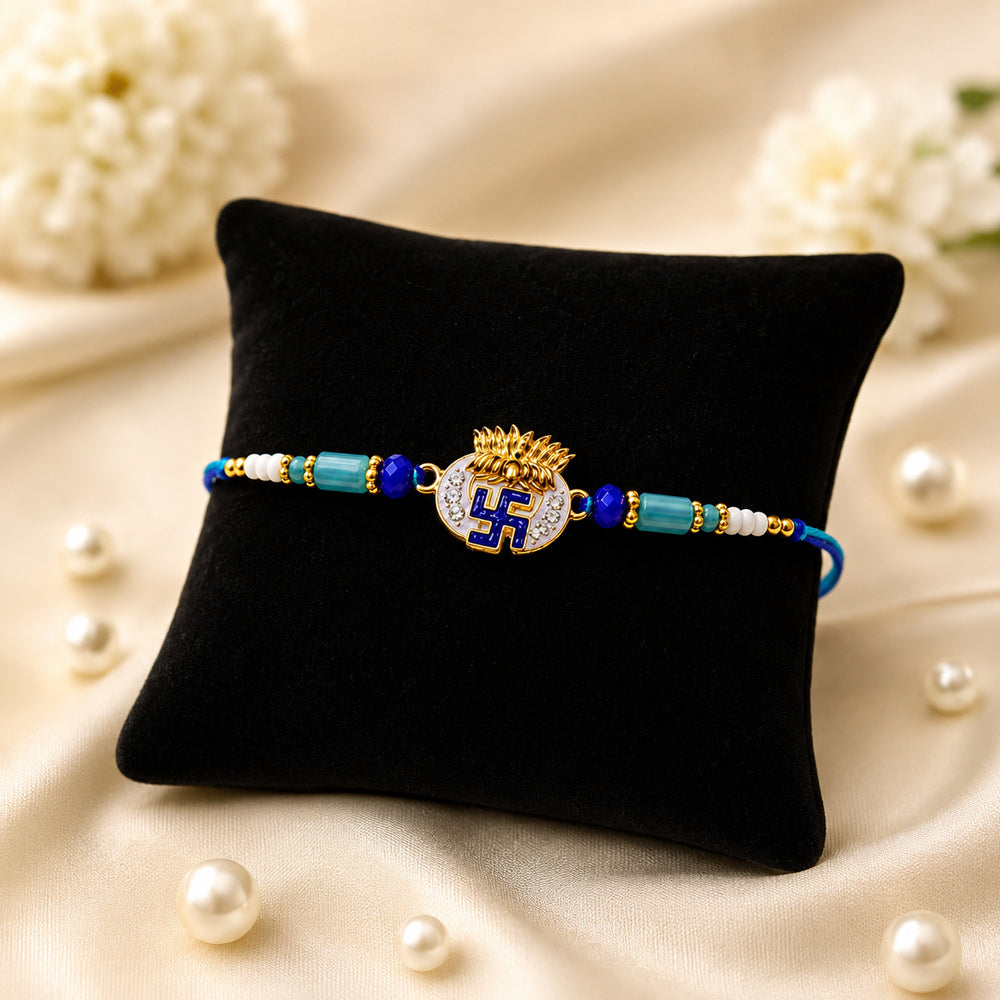 Royal Blue Swastik and Turquoise Beaded Rakhi