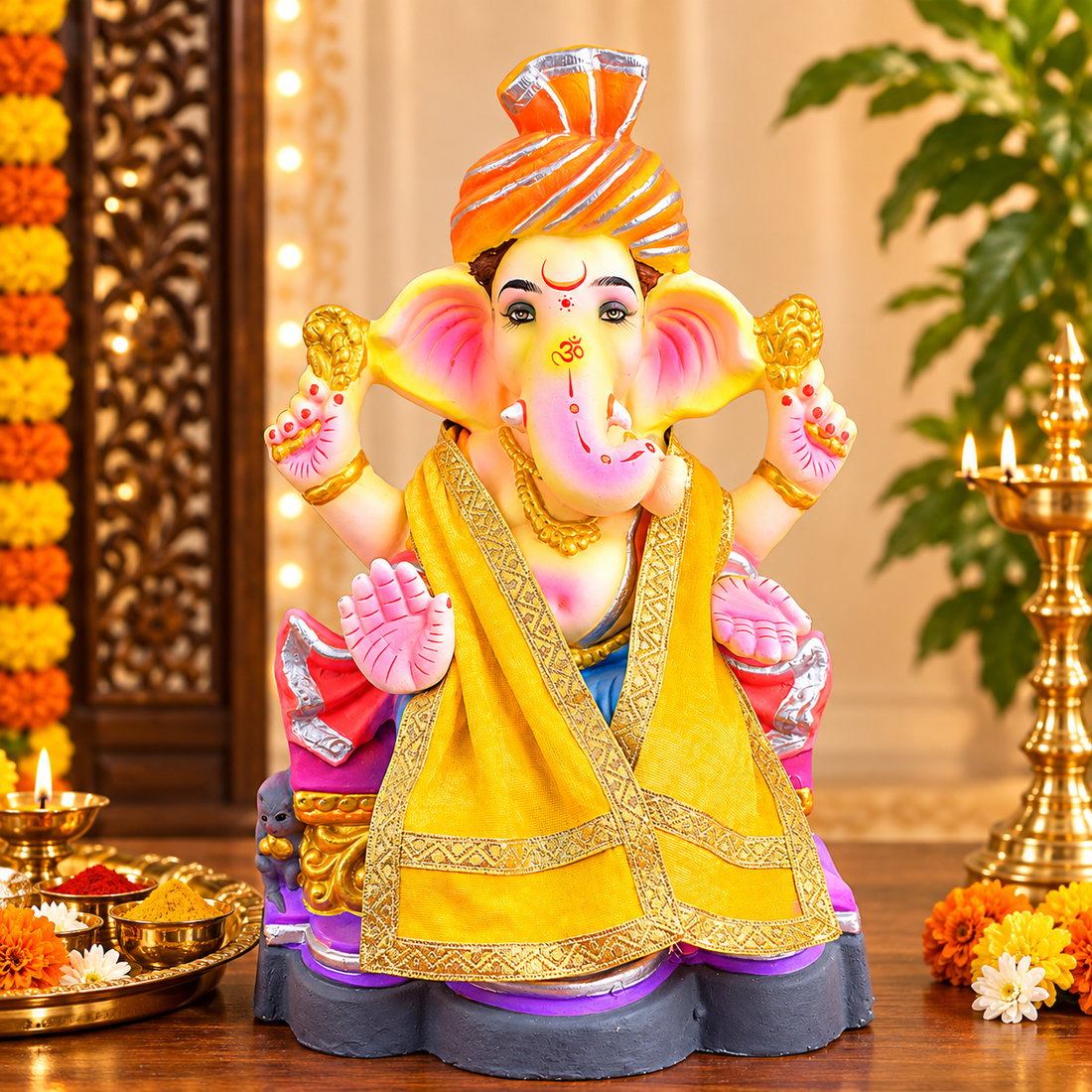 Yellow Velvet Ganpati Idol Patka with Classic Gold Border - 21 Inch