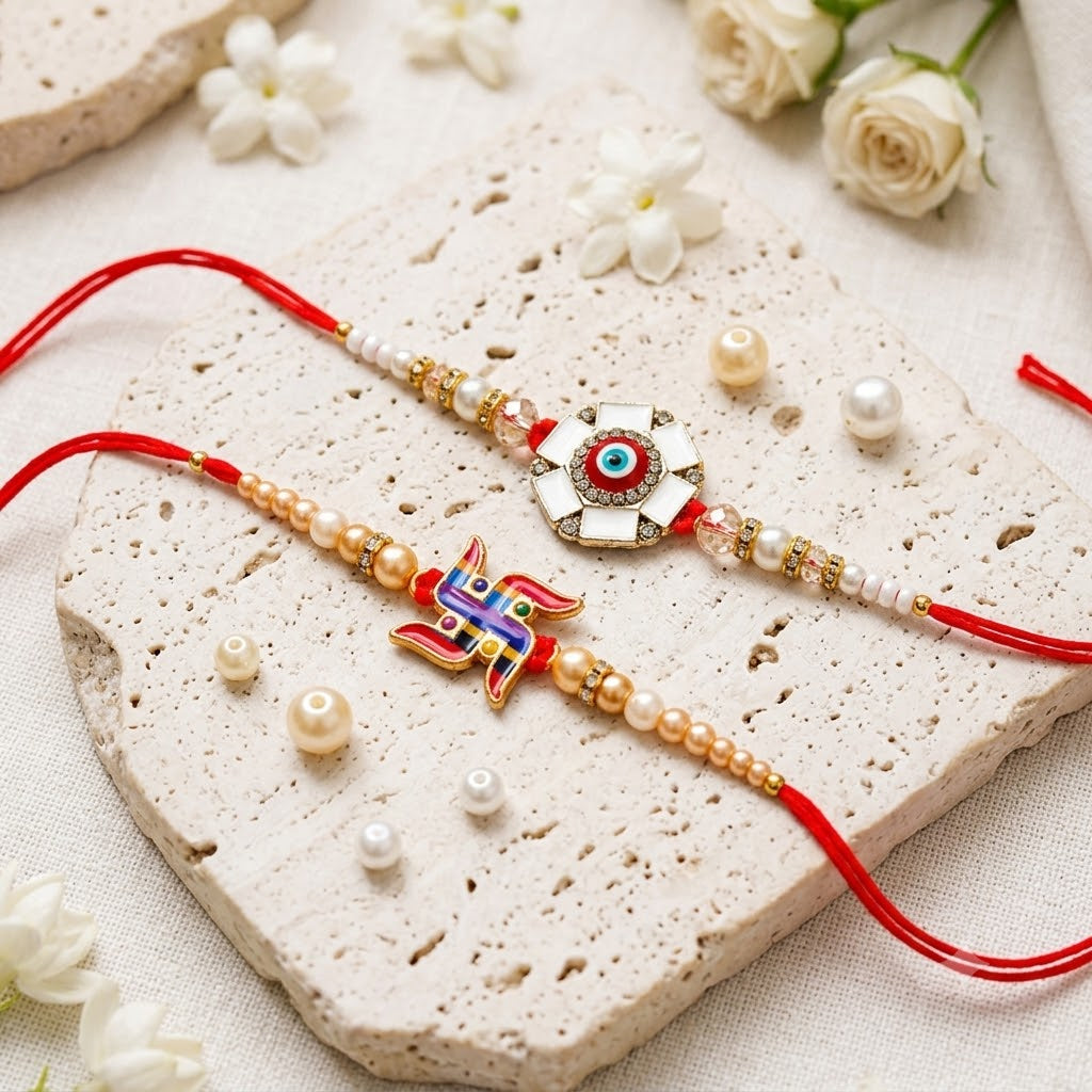 Auspicious Swastik and Enamel Evil Eye Designer Rakhi (Set of 2)