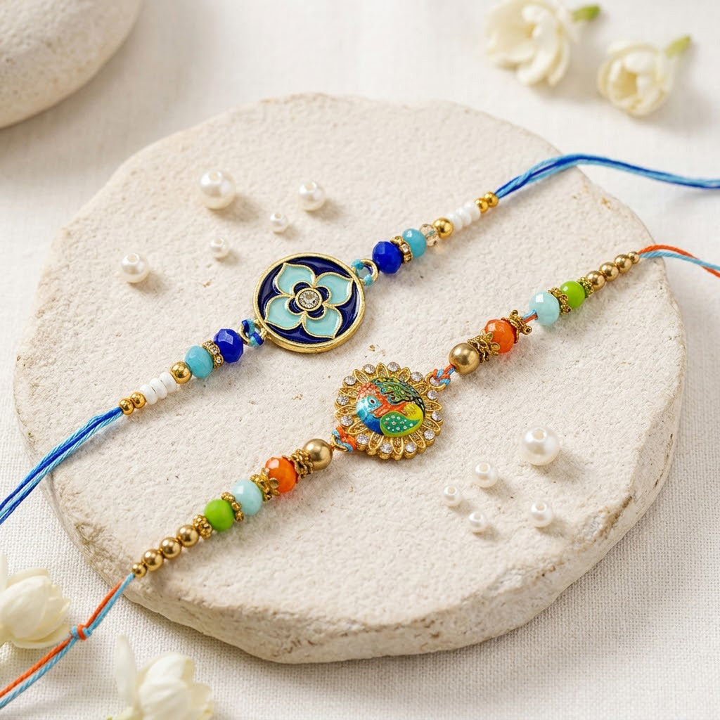 Royal Blue Lotus Peacock Meenakari Rakhi (Set of 2)