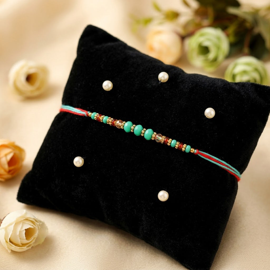 Multicolor Threaded Turquoise and Gold Beaded Designer Rakhi
