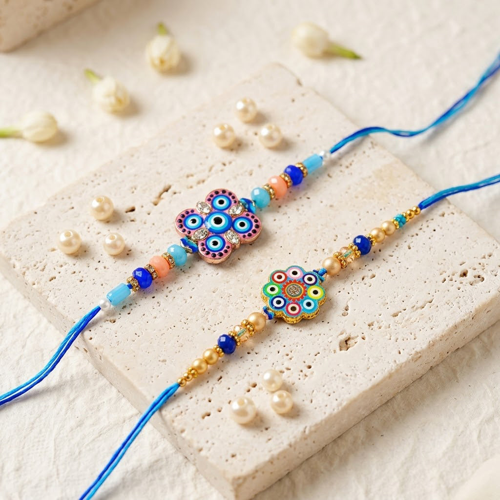 Floral and Clover Evil Eye Designer Rakhi (Set of 2)