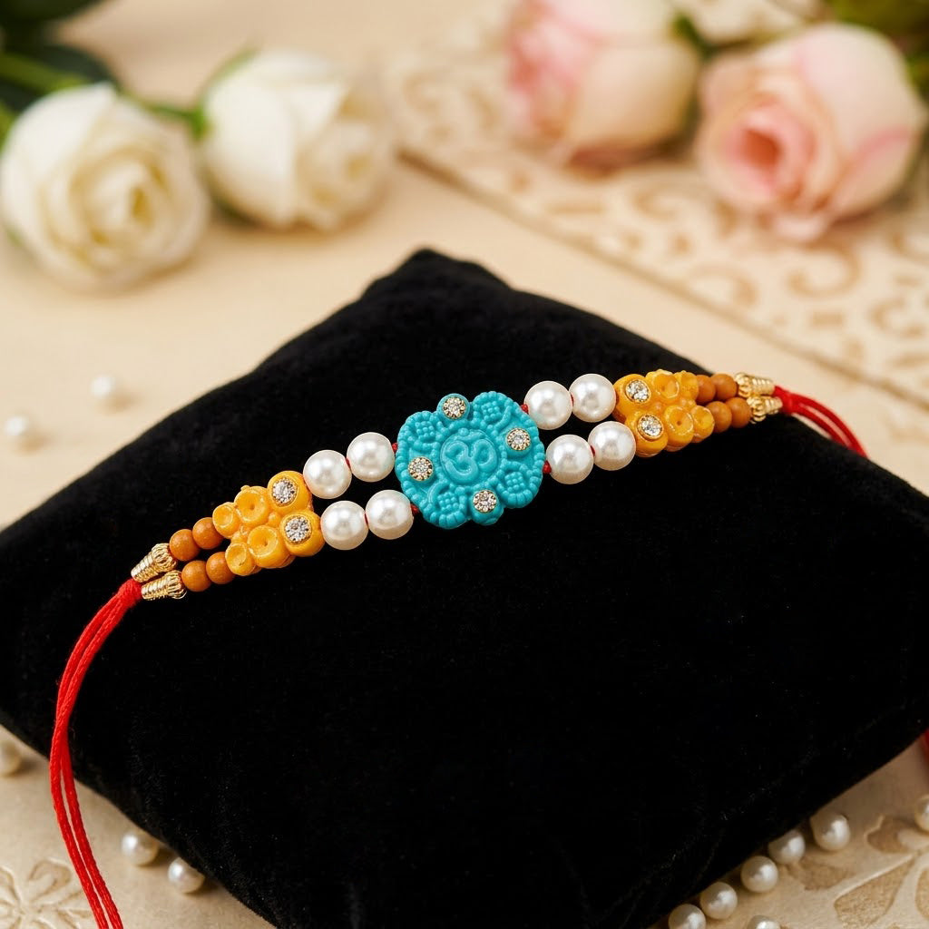 Handcrafted Turquoise Carved Om Symbol Flower Motif Rakhi