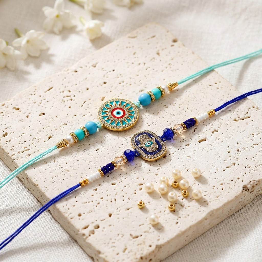 Turquoise Evil Eye and Hamsa Hand Designer Rakhi (Set of 2)